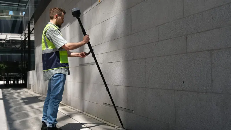GNSS-Vermesser mit RTK-Messstab bei der präzisen Vermessung